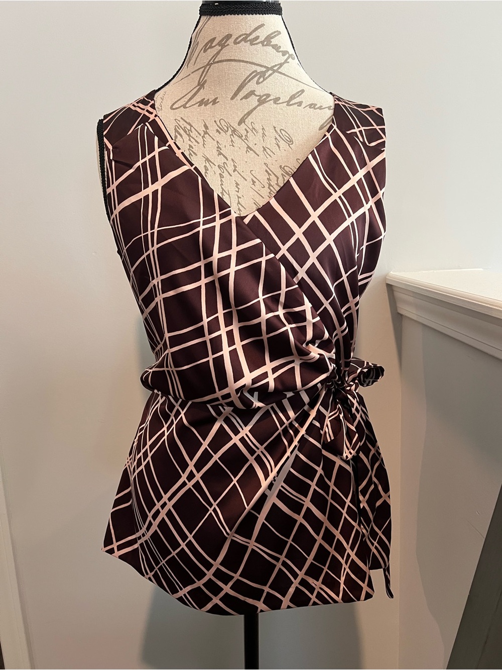 New York & Company Brown and Cream Plaid Wrap Blouse